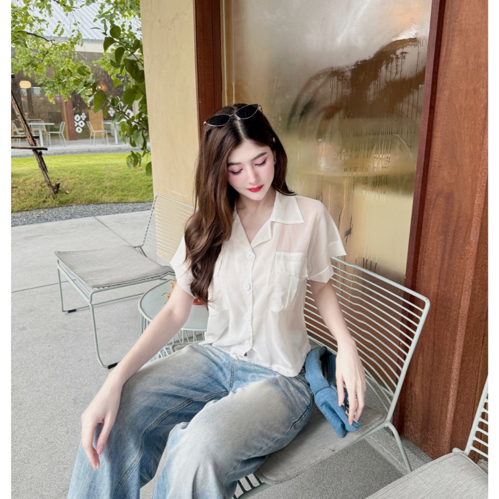 พร้อมส่ง เสื้อเชิ้ตแขนพับ กระเป๋าคู่ ผ้าซีฟอง กระดุมหน้า ใส่สบาย ผู้หญิง คาเฟ่ A6618 - รูปที่ 4