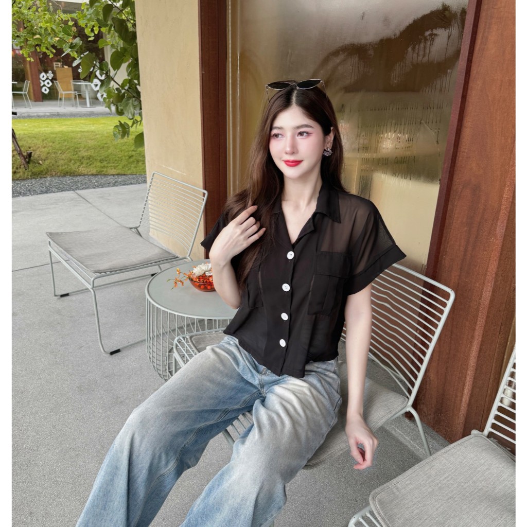 พร้อมส่ง เสื้อเชิ้ตแขนพับ กระเป๋าคู่ ผ้าซีฟอง กระดุมหน้า ใส่สบาย ผู้หญิง คาเฟ่ A6618 - รูปที่ 5