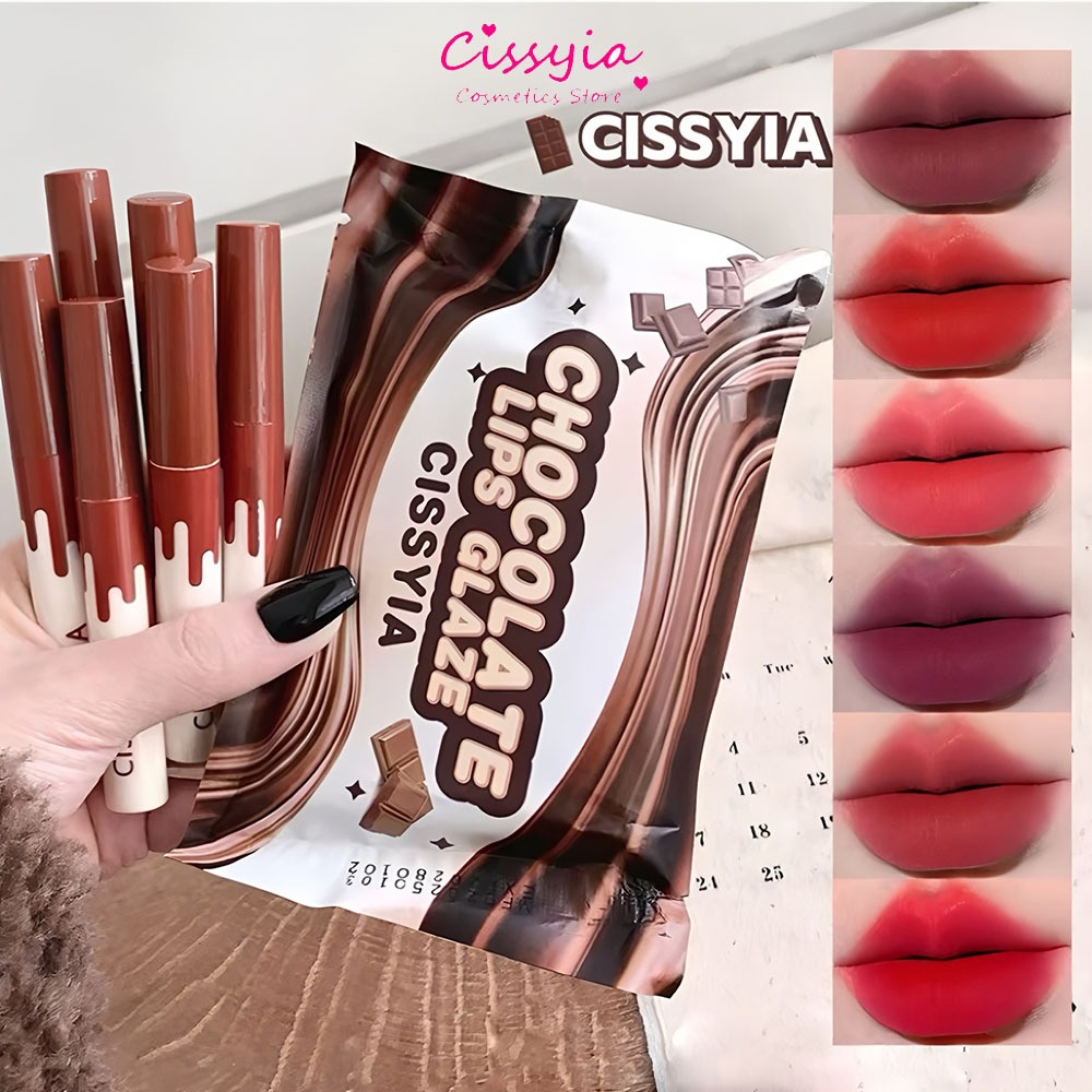 Cissyia ชุดลิปสติกเนื้อแมตต์ 6 สี: ลิปกลอส ที่ได้รับแรงบันดาลใจจากช็อคโกแลต ทนทาน สําหรับทุกสภาพผิว