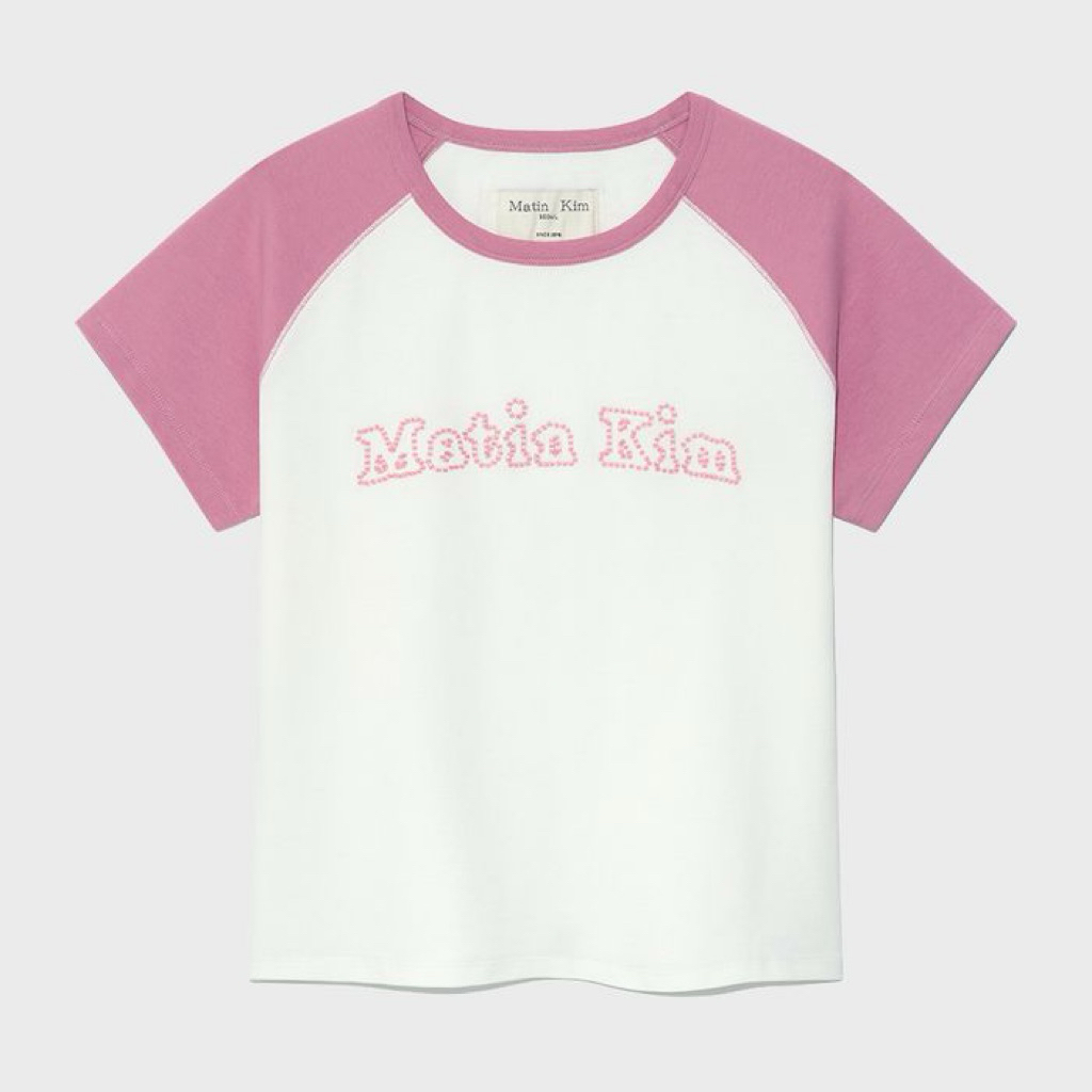 🇰🇷 เสื้อยืด เสื้อเบบี้ที Matin Kim - FLOWER STITCH RAGLAN LOGO TOP IN PINK