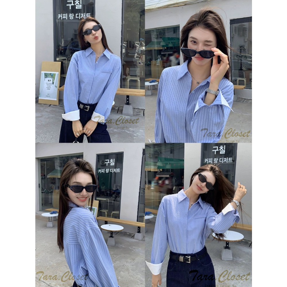 CT011 TARA  Shirt เสื้อเชิ้ตคอปก กระดุมหน้า แขนยาว ลายทางริ้วเล็ก เนื้อผ้าคอตตอลTC อย่างดี งานดี ผ้าดี ใส่สบาย