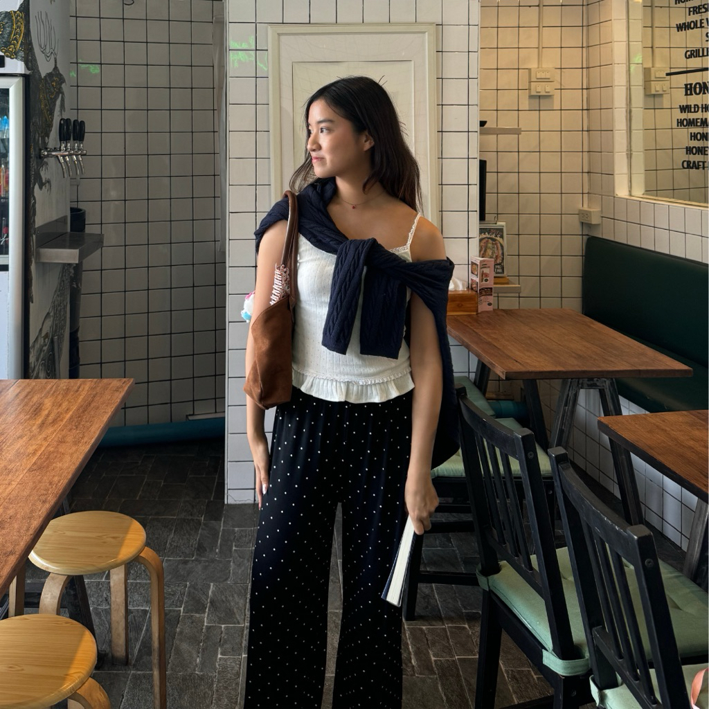 Black polkadot กางเกงลายจุดสีดำ ladies polkadot pants กางเกงขายาวลายจุด