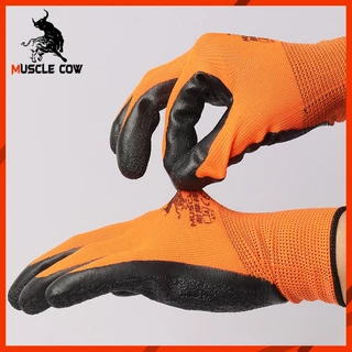 MUSCLE COW ถุงมือเคลือบยางลาเท็กซ์ ถุงมือไนไตรล์เคลือบ PU(6 คู่) มี3สี กันลื่น ระบายอากาศ กันบาด กันน้ำมัน