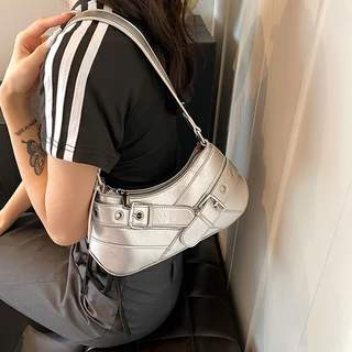 สาว กระเป๋าใต้วงแขน อเนกประสงค์ สีเงิน วินเทจ หนังแว็กซ์ แฟชั่นเกาหลี พระจันทร์เสี้ยว กระเป๋าสะพายข้าง