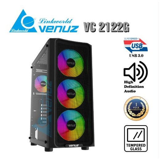 VC-2122G Black เคสคอมพิวเตอร์ ATX Venuz รุ่น VC-2122GB Black  2121GW มาพร้อมพัดลม RGB 4 ตัว  Black สินค้ารับประกัน 1 ปี