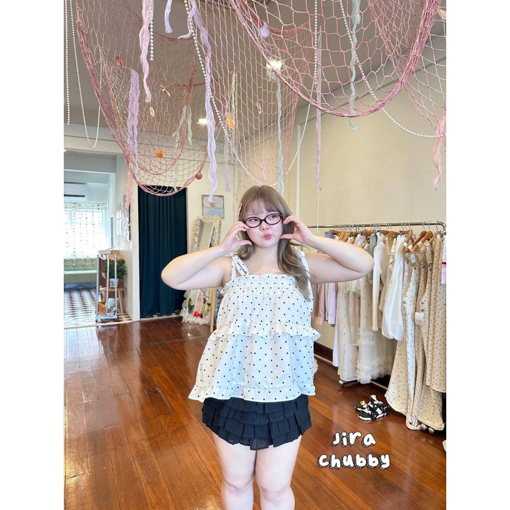 (ส่วนลดvideo/มีส่งด่วน!🔥) Yujin Top💖🎀🌷(JR) เสื้อสายเดี่ยวผูกโบว์ที่ไหล่ลายจุดน่ารัก สาวอวบไซส์ใหญ่ (อก-52) - รูปที่ 7