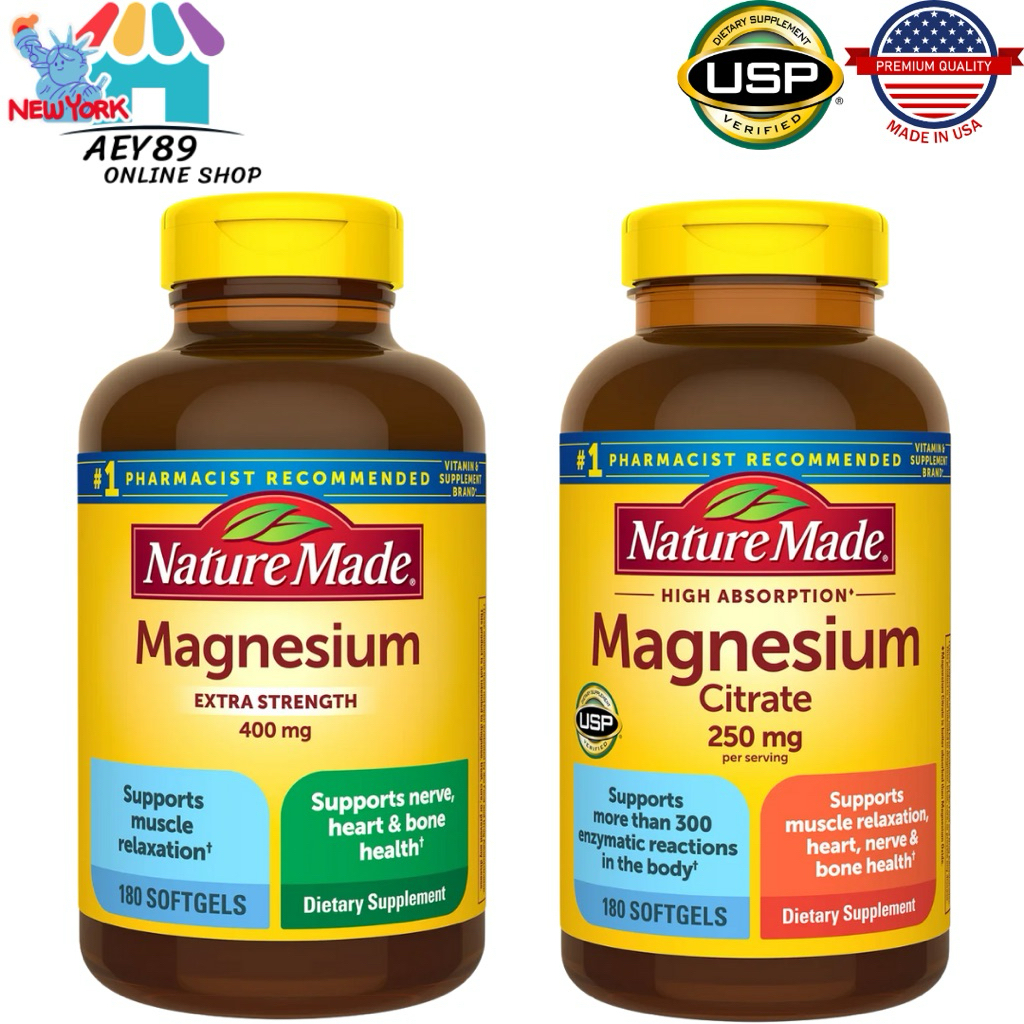 Nature Made Magnesium 400mg,250mg ขนาด 180 softgels (ขวดเหลือง)