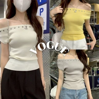 Vogue🌟พร้อมส่ง🌟 เสื้อเปิดไหล่ ไหมพรม แขนสั้น ผ้าร่องเล็ก ยืดพอดีตัว (Z-YT54)