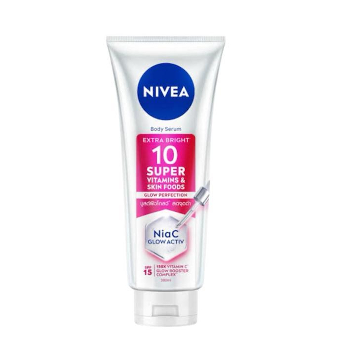 ( สีชมพู ) นีเวีย NIVEA เซรั่มบำรุงผิวกาย เอ็กซ์ตร้า ไบรท์ 10 ซูเปอร์ วิตามิน แอนด์ สกิน ฟู้ด โกลว์ ขนาด 70-300 มล.