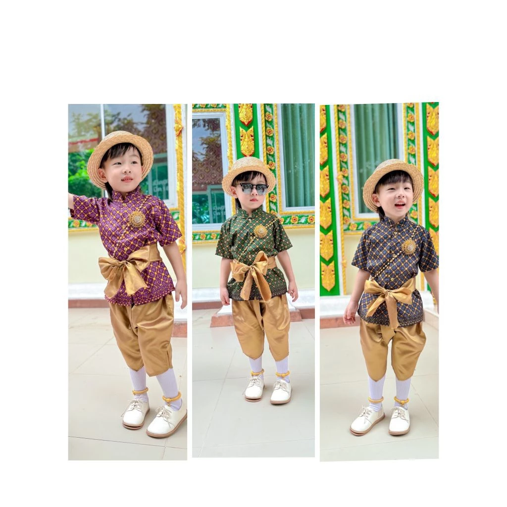ชุดไทยเด็กชาย เซ็ท 3 ชิ้น เสื้อผ้าพิมพ์ลาย+โจงกระเบนผ้าไหมเทียม+ผ้าคาดเอวไหมเทียม