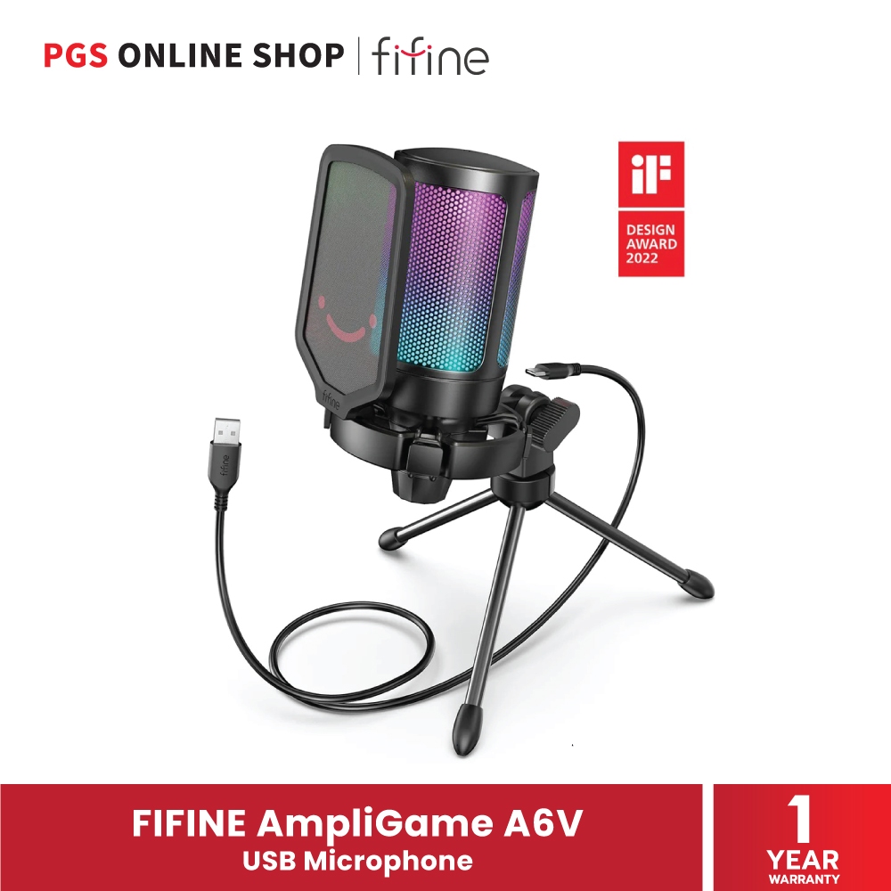 FIFINE AmpliGame A6V USB Microphone (ไมโครโฟนยูเอสบี) สำหรับ Gaming, Podcasting มาพร้อมไฟ RGB