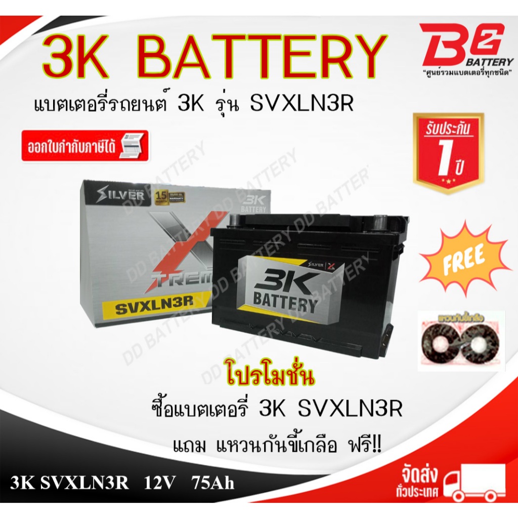 3K SVXLN3R-SMF แบตรถยนต์ ขั้วจม แห้ง พร้อมใช้ 12V 75Ah