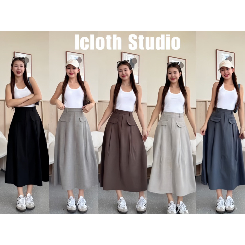 Mori Skirt 🤎 กระโปรงยาวผ้าโซดา ดีเทลเป๋าแปะหน้า มีหูเข็มขัด เอวสูง ทรงสวย กระโปรงผู้หญิง กระโปรงแฟชั่น