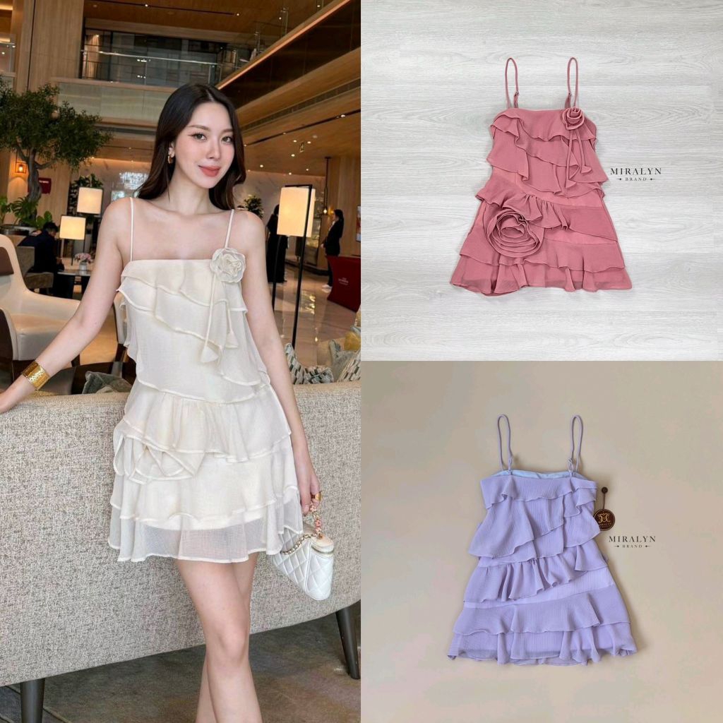 Miralyn มินิเดรสสายเดี่ยว สายปรับได้ดีเทลแต่งระบายเป็นชั้นๆแต่งดอกไม้เย็บติดช่วงกระโปรงงานน่ารักใส่สวยเก๋ๆ