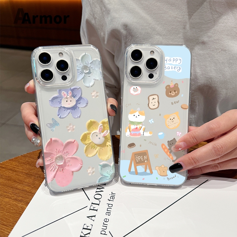 ปุ่มชุบไฟฟ้า TPU เคสไอโฟน นิ่มกันกระแทก เคสโทรศัพท์ iPhone 11 12 13 14 15 Pro Max XR XS X 7/8P ดอกไม้สี