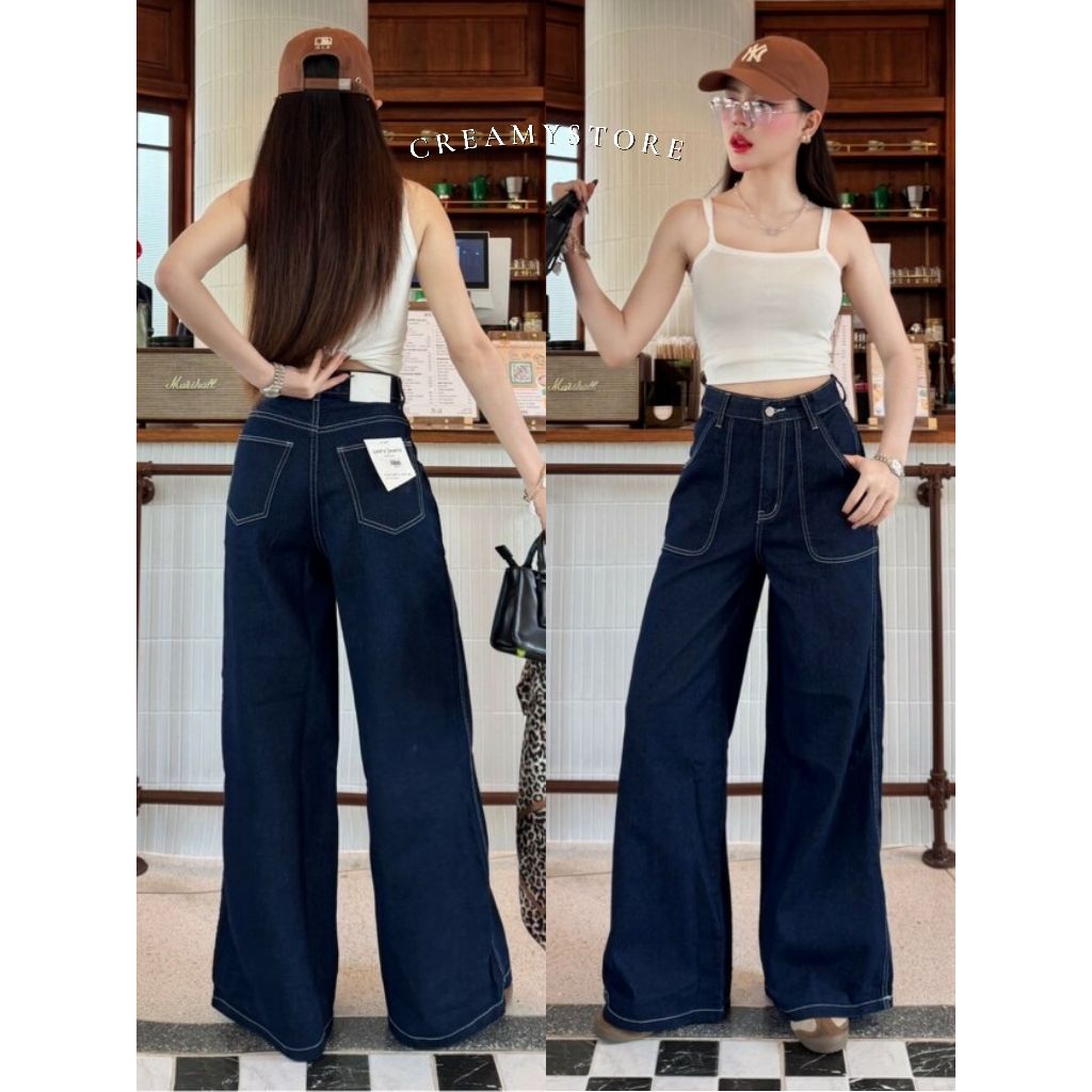 CreamyStore กางเกงยีนส์ทรงกระบอกขาบาน Denimด้ายขาว Flary Jeans ป้ายYam