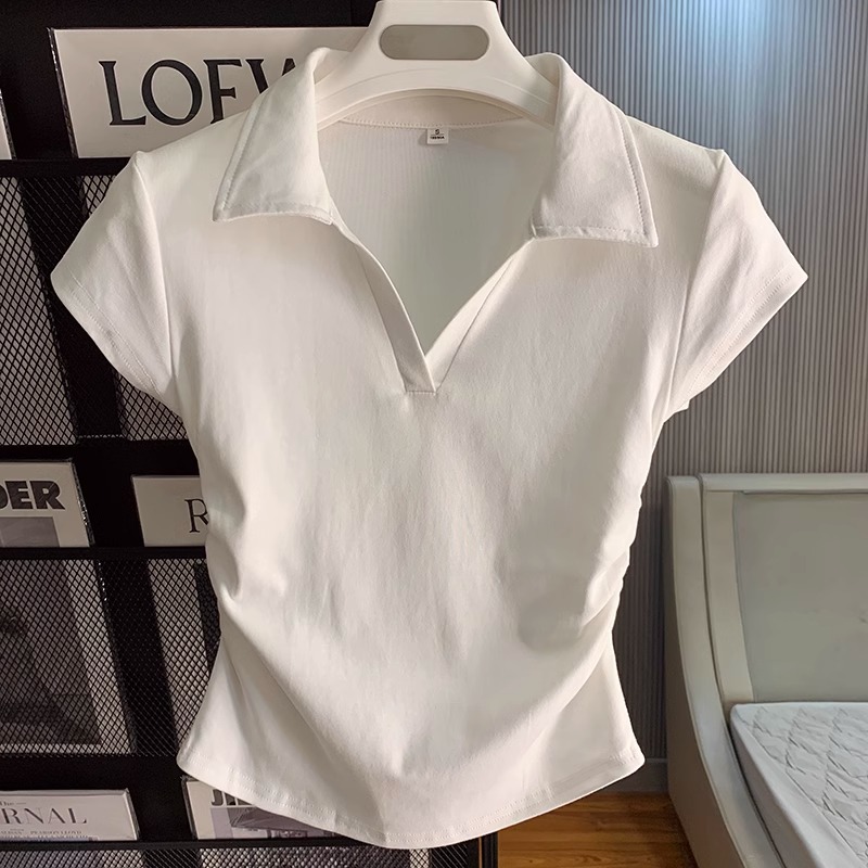Y6Y - เสื้อโปโลลำลองสำหรับผู้หญิง - เสื้อทรงสลิมฟิตเอวจีบรุ่นใหม่สำหรับหน้าร้อน - เสื้อครอปคอวีสไตล์เกาหลี