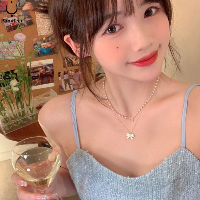 COD-สร้อยคอโบว์สองชั้นเรียบง่ายหรูหราสําหรับผู้หญิงสาวงานแต่งงานทุกวัน