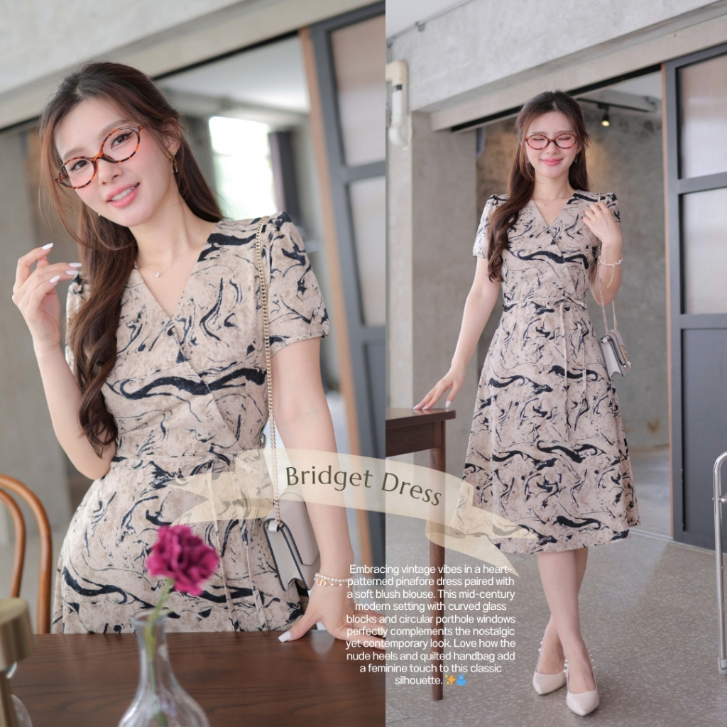 Romi"Oil" Bridget Dress G269 ชุดเดรสสีครีม (คอป้ายมีเชือกผูกเอว)