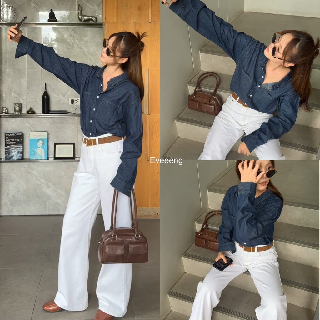 Eveeeng J001 กางเกงยีนส์ รุ่น Jenny Jeans กางเกงทรงกระบอกใหญ่