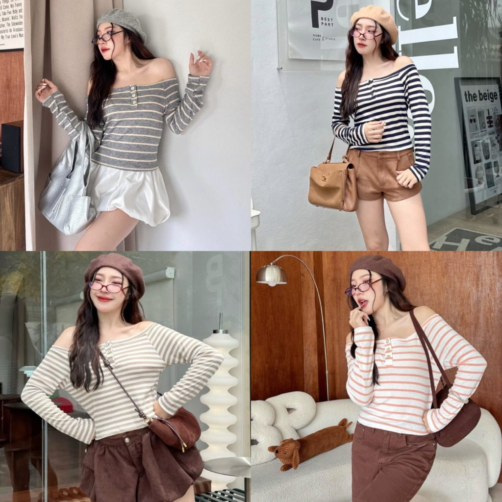 Cookies Bear - เสื้อปาดไหล่แขนยาวลายทาง ผ้ายืดนุ่ม