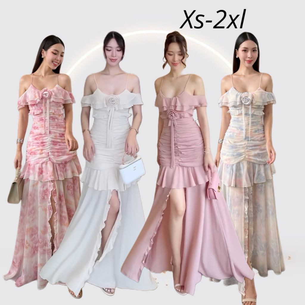 ชุดเดรส ผ้าชีฟองลายดอกไม้ LD282  ชุดไปงานแต่ง ชุดเพื่อนเจ้าสาว
