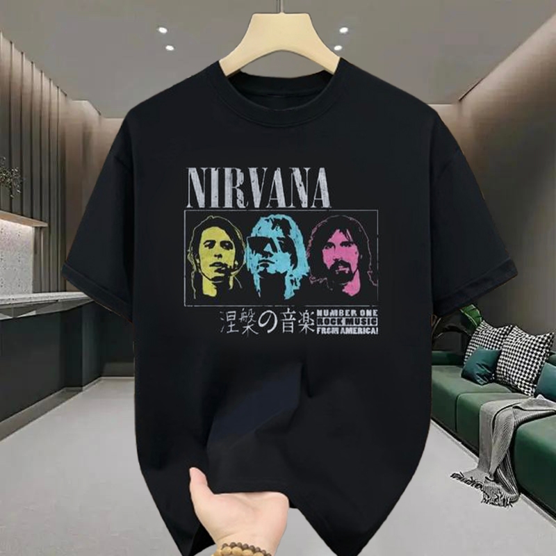 เสื้อยืดคอกลม เสื้อยืดผู้ชายเท่ๆ สกรีนลายวงดนตรี NIRVANA  เสื้อยืดสตรีทแฟชั่นฮิปฮอปฮฺตๆ แขนสั้นผู้ชาย โอเวอร์ไซส์คนอ้วน