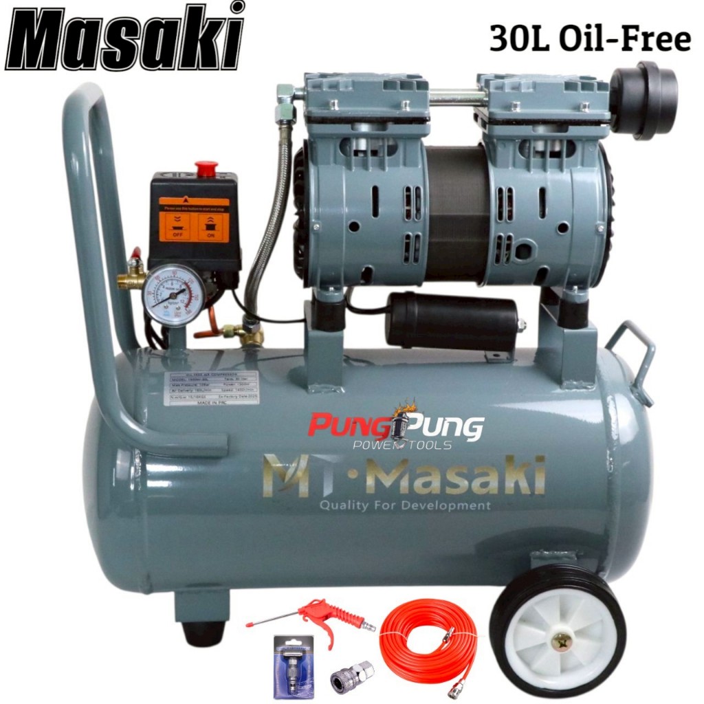 (2) MT Masaki ปั้มลม OIL FREE 30 ลิตร ปั้มลมเก็บเสียง ปั้มลมออยฟรี เสียงเงีบย 1500W 2HP ปั้มลมไฟฟ้า ปั้มลมรถยนต์
