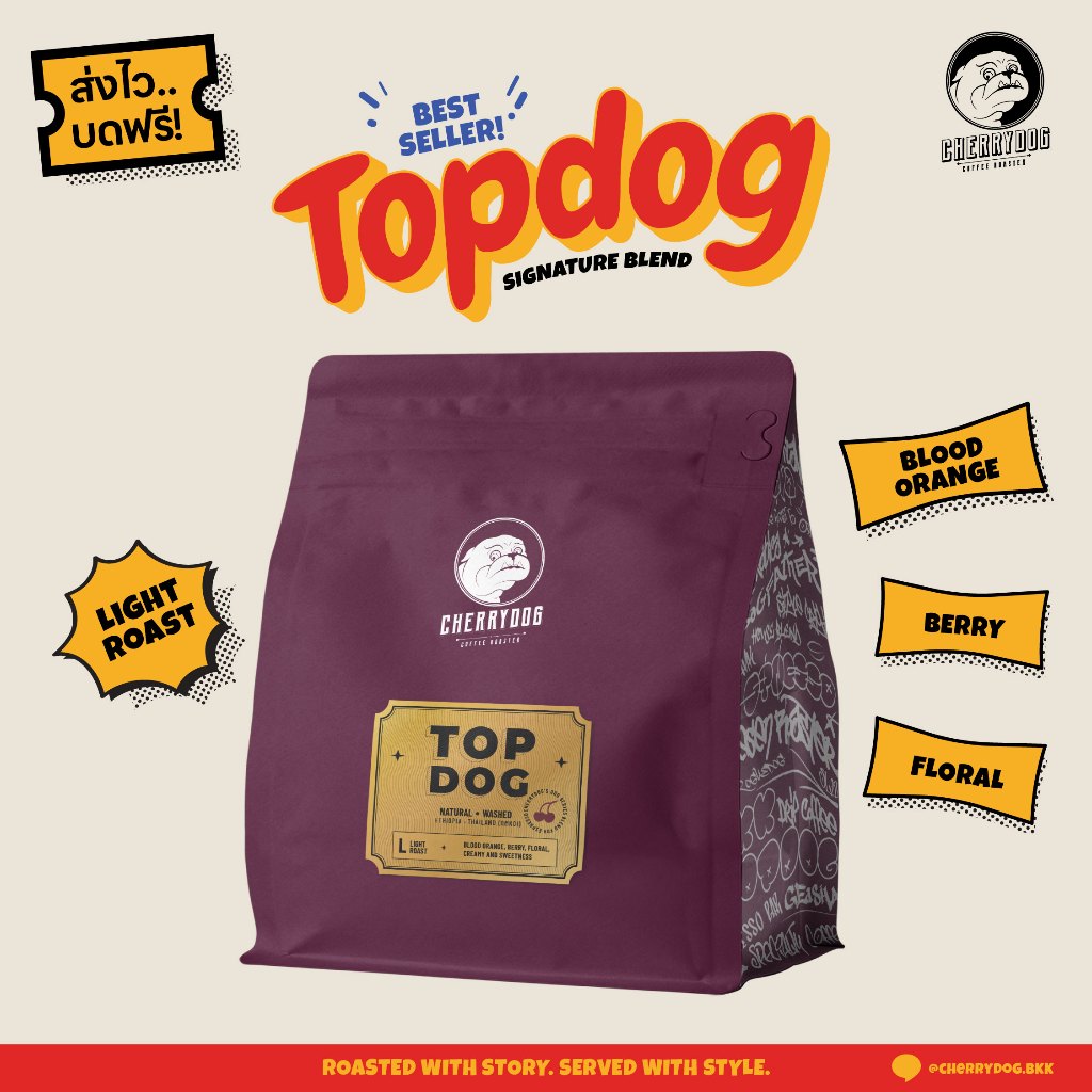 Cherrydog | เมล็ดกาแฟ คั่วอ่อน เบลนเอธิโอเปีย Topdog 200g-1kg. (House Blend)