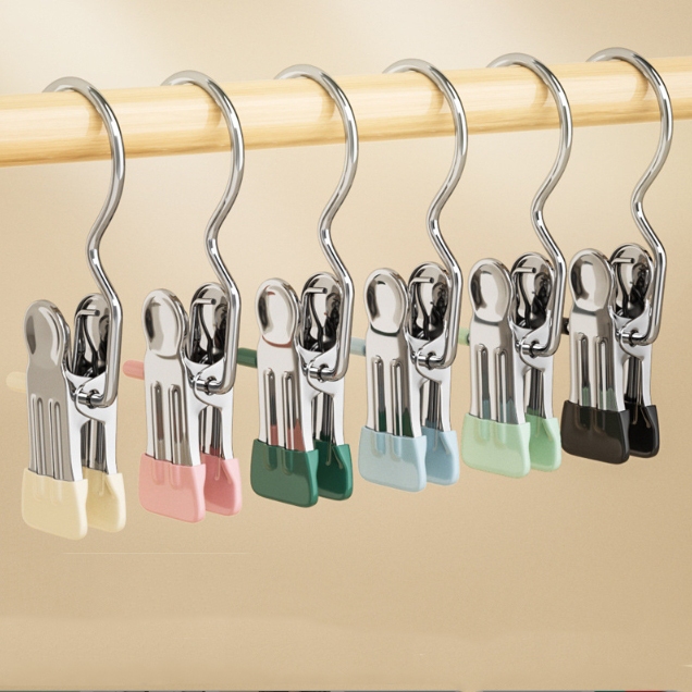 ปลีก/ส่ง ที่หนีบผ้าสเตนเลส กันลื่น แบบพกพา สีสันสดใส  คลิปเก็บเสื้อผ้า ประหยัดพื้นที่