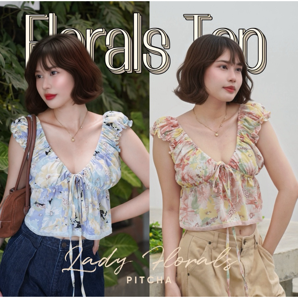 Florals Top เสื้อครอปลายดอก เสื้อแขนตุ๊กตาระบาย แต่งชายลูกไม้ผูกโบว์ช่วงอกสีสวยละมุนมาก