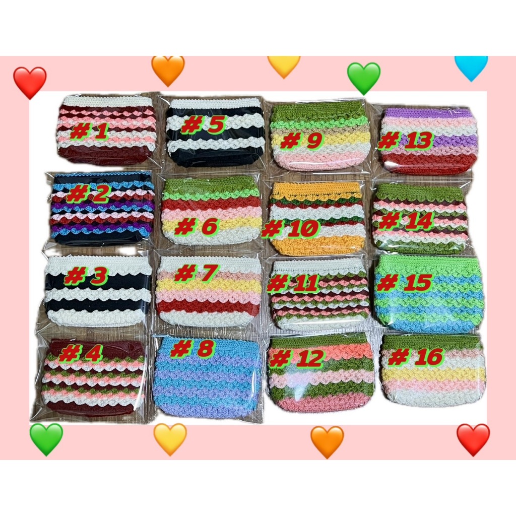 งานฝีมือHandmade กระเป๋าใส่เหรียญ ถักด้วยไหมพรม สีต่าง ๆ สีพาทเทล สลับสีโทนหวานๆ มีซิปทุกใบ