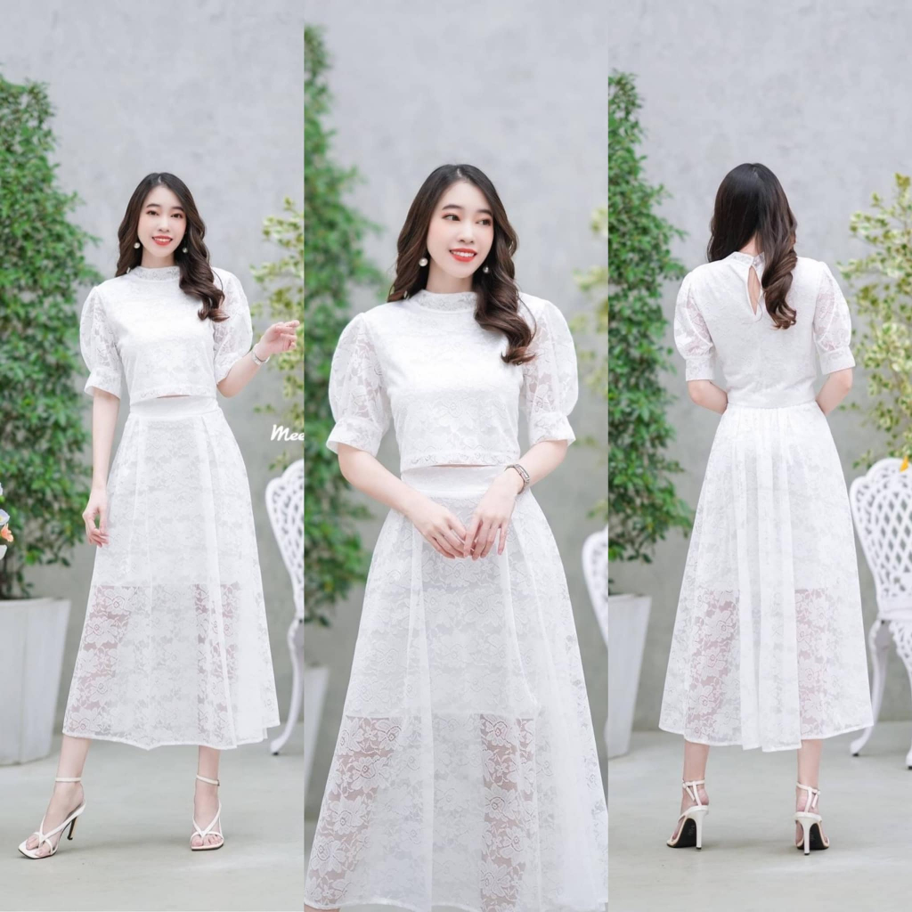 เสื้อผ้าผู้หญิง ชุดเซต เสือครอป กระโปรงยาว ผ้าลูกไม้ สีขาว  ใส่ทำบุญงานบวช ออกงาน ใส่เที่ยวได้ สวย ต