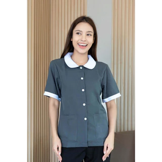 The Bow เสื้อแม่บ้านคอบัว มีกระเป๋า ใส่สบายทำงานคล่อง พนักงานทำความสะอาด เสื้อแม่บ้านโรงแรม