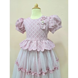 J004 รุ่นจัมปาพาสเทล เดรสเด็กออกงาน เดรสลูกไม้สีพาสเทล ชุดไทยประยุกต์เด็ก สีม่วงพาสเทล 8 ขวบ