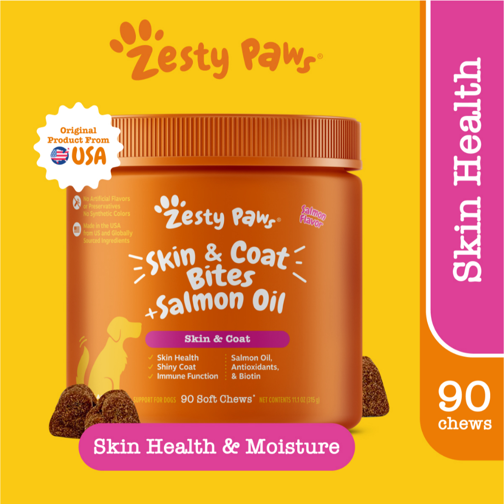 Zesty Paws Skin & Coat Bites + Salmon Oil for Dogs Skin Health - Salmon Flavor (90 Soft Chews) (หมดอ
