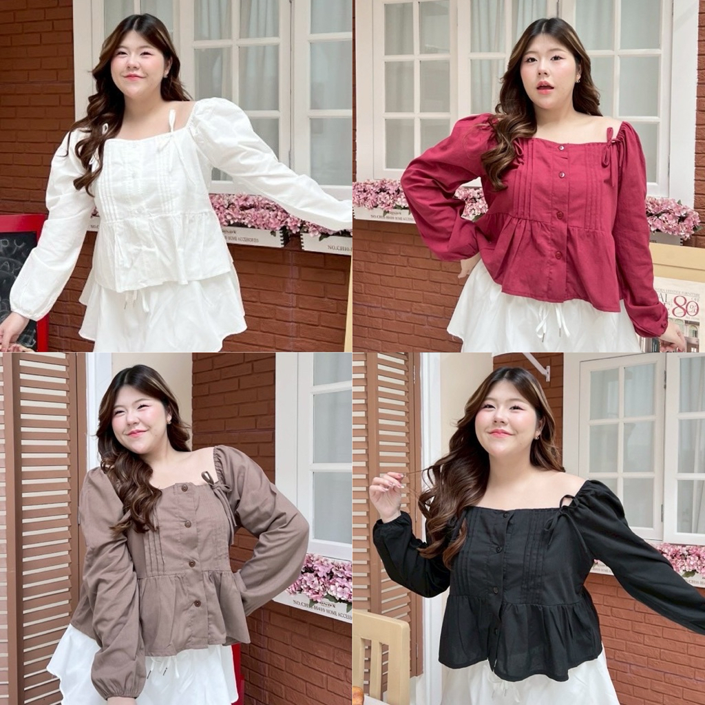 /MT/ เสื้อสาวอวบ มีไซส์อก40-52 ตีเกร็ดหน้า แต่งโบว์ผูก2ข้าง แขนจั๊มปลาย #เสื้อไซส์ใหญ่ สาว อ้วน พลัสไซส์