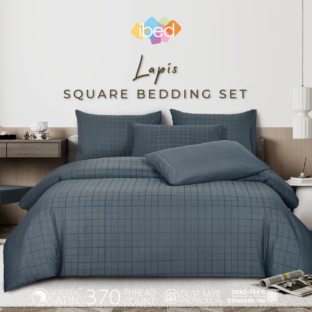 ibed ชุดผ้าปูที่นอนทอลายครบเซ็ท Softex Satin (ลายสี่เหลี่ยม) Lapis - SQUARE COLLECTION