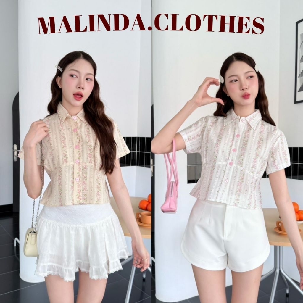 MALINDA​ เสื้อเชิ้ตครอปคอปก สายผูก​เข้ารูปทรงสวย อก30-36​นิ้ว​ 🐈‍⬛⸝⋆ พร้อม​ส่ง