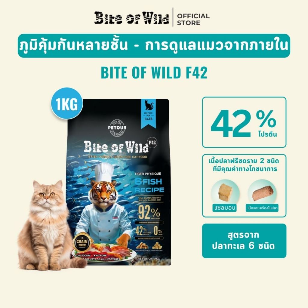 Bite Of Wild F42 ซอง 1กก สูตรปลา 6 ชนิด ปราศจากธัญพืช สำหรับแมวทุกช่วงวัย