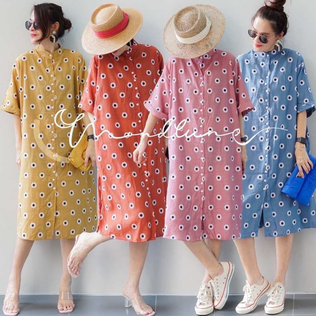 Mini dress New เดรสคอจีนแขนสั้น ตัดแต่งงรีบง่าย กระดุมเรียงด้านหน้า พร้อมเเต่งกระเป๋า 2ใบ