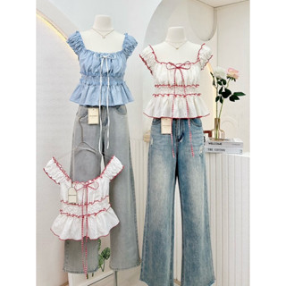 NN678 เสื้อครอปแขนตุ๊กตาผูกโบว์อก ผ้าฉลุ Peekanong🌷