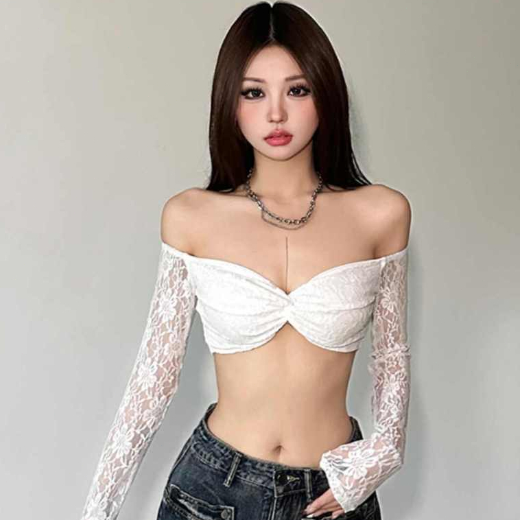 Dailywear พร้อมส่ง✨ เสื้อครอปเปิดไหล่ สำหรับผู้หญิง ลูกไม้ลายดอกไม้ เชียร์ แขนยาว ทรงเตี้ย เสื้อยืดครอป - รูปที่ 2