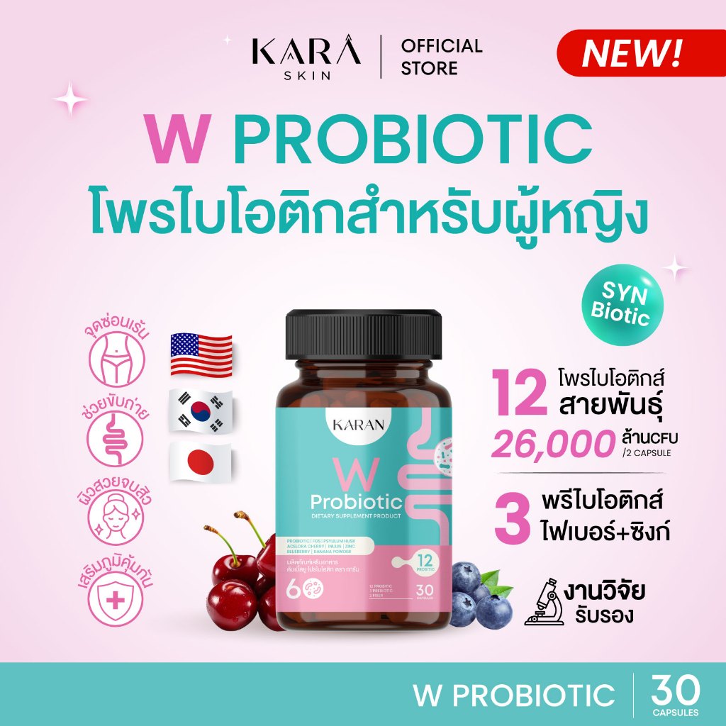 KARAN WProbioticเพื่อผู้หญิง โพรไบโอติก12สายพันธุ์+พรีไบโอติก3+Fiber3 จุดซ่อนเร้น ขับถ่าย ผิวพรรณ