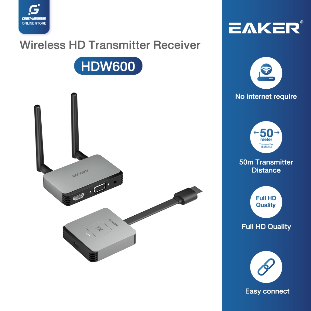 EAKER HDW600 อุปกรณ์ส่งสัญญาณหน้าจอไร้สาย HDMI Wireless ส่งสัญญาณไกล 130 เมตร รองรับทุกอุปกรณ์ 4K
