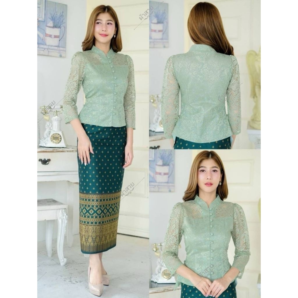 ชุดเซ็ท​(2ชิ้น)เสื้อลูกไม้คอจีนพร้อมผ้าถุงทอลาย อัดผ้ากาว แบบป้าย ฟรีไซส์​ มีเก็บปลายทาง - รูปที่ 2