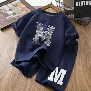 เสื้อสีดำ ชุดเซ็ทเด็กชาย ชุดลอลงเด็กชาย เสื้อยืดพิมพ์ลายตัวอักษรแขนสั้นและกางเกงขาสั้น สไตล์เกาหลี แห้งเร็ว #11211