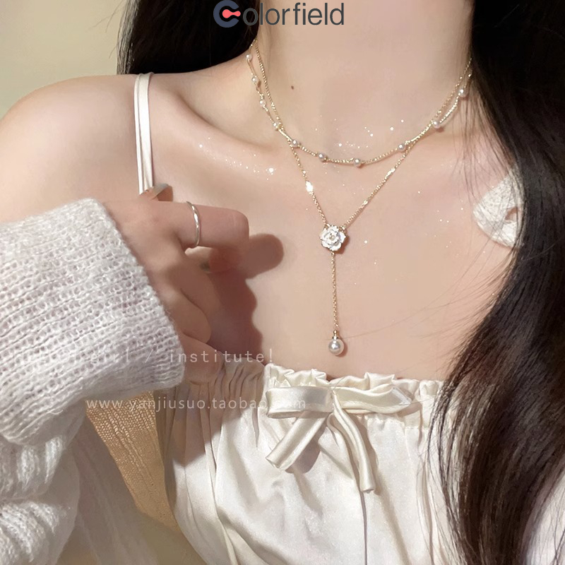 Colorfield สร้อยคอพู่สองชั้นมุกจี้ดอกคามิเลียหรูหราสไตล์เกาหลีละเอียดอ่อนโซ่ไหปลาร้าเครื่องประดับสำหรับผู้หญิง เหมาะกับข