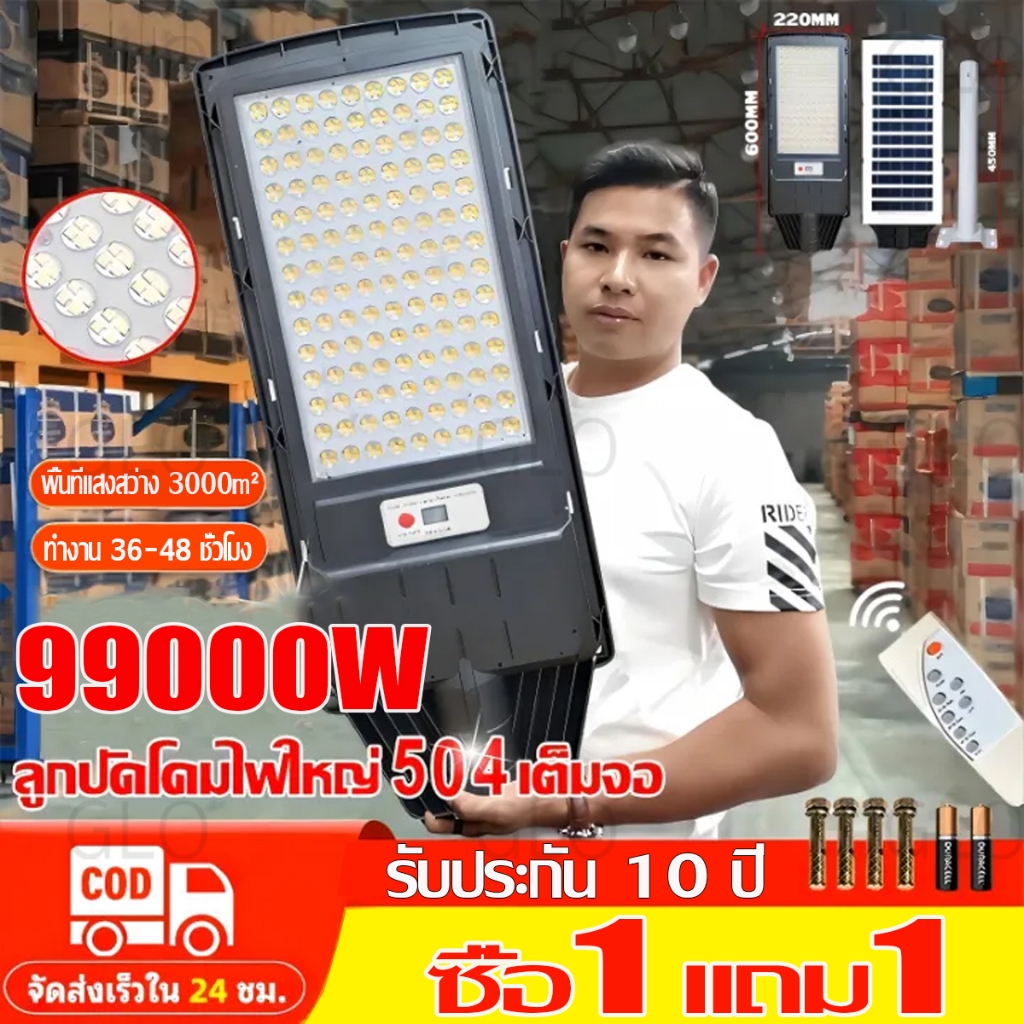 GLO ซื้อ 1 แถม 1 ไฟถนนโซล่าเซลล์ Solar Light 100000W ไฟโซล่าเซลล์ ไฟเซ็นเซอร์ตรวจจับคน ไฟอัจฉริยะ รีโมทคอนโทรล ไฟติดผนัง