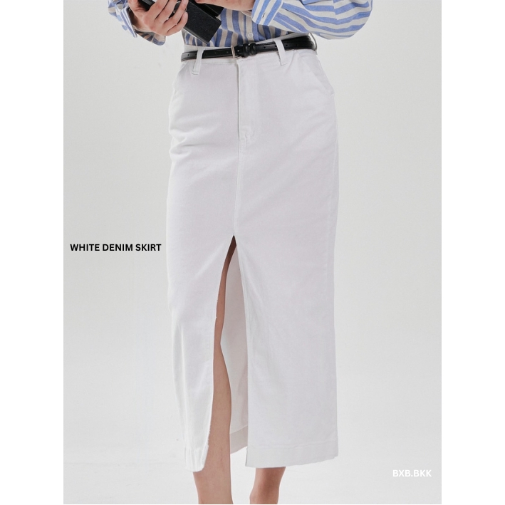 BXB - WHITE DENIM SKIRT กระโปรงยีนส์สีขาวผ่าหน้า ผ้าเนื้อนิ่ม